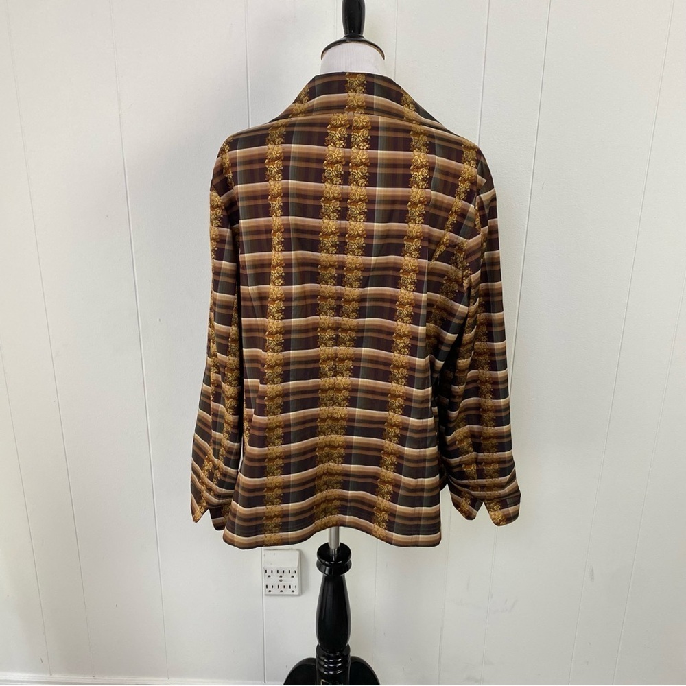 Austin Reed 70s VTG Plaid Paisley Print Button Up Blouse Size 16W Brown Gold - Picture 10 of 14